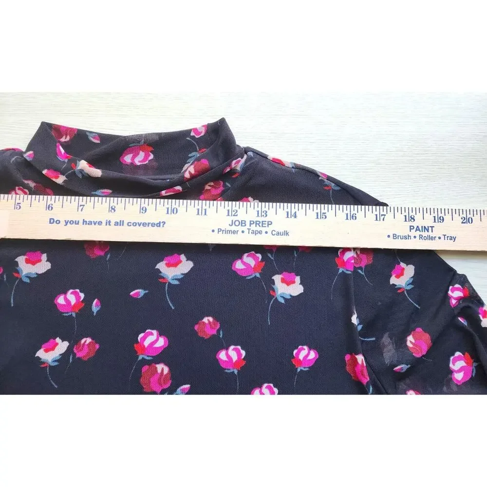 POPSUGAR Women's XL Black Floral Mesh Sheer Sleeve Mock Neck Top Blouse